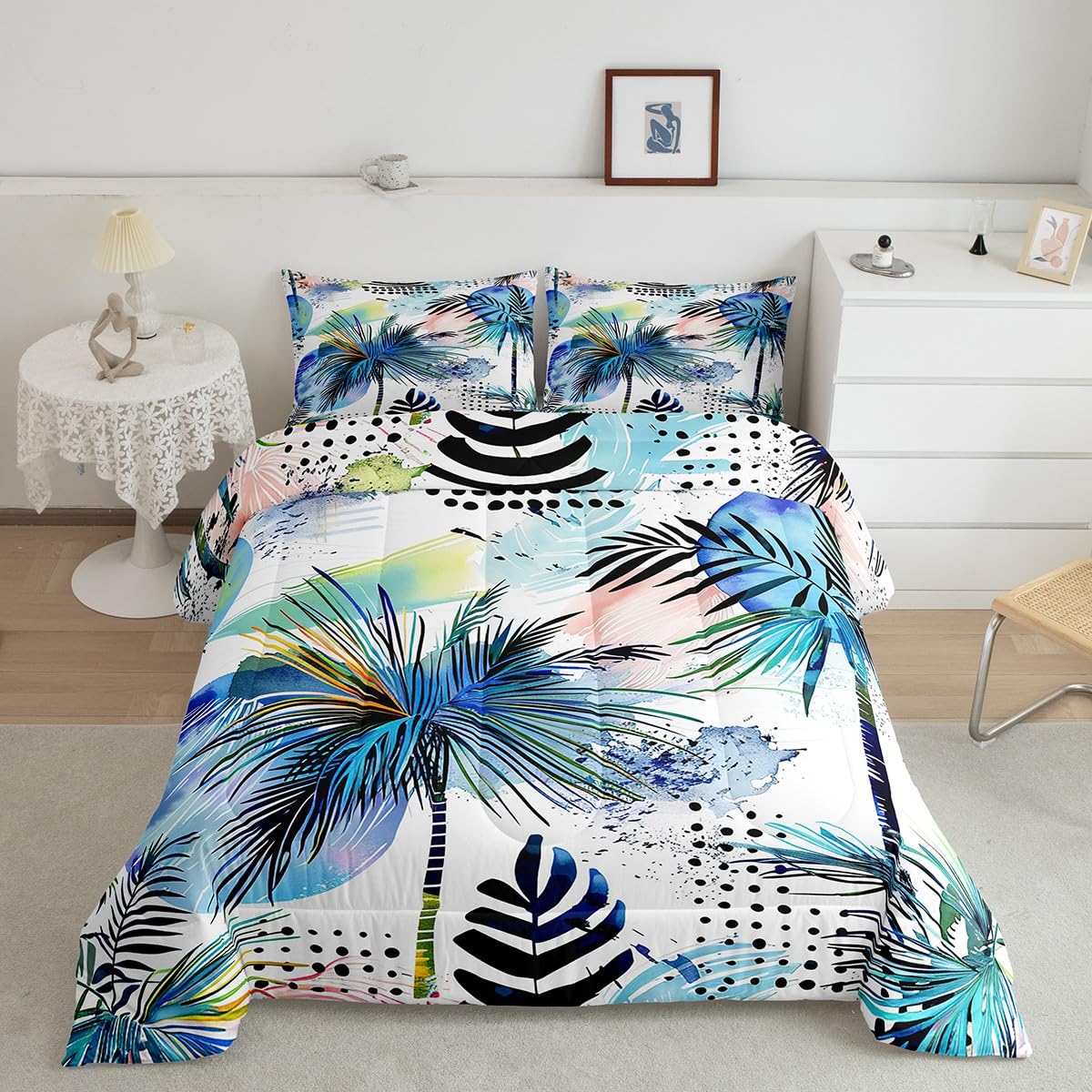 Manfei Kids Tropical Comforter Set Twin Size Palm Tree and Leaves Print Bedding Set 2pcs for Boys Teens Room Decor, Sea Beach Theme Quilt Set Modern Fashion Duvet Set with 1 Pillowcase