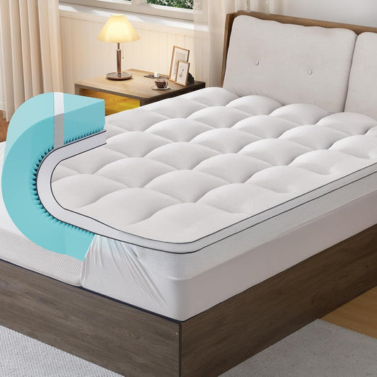 GEMBED Firm Memory Foam Mattress Topper Queen Size - Dual Layer 3 Inch Cooling Gel Memory Pad and 1 Inch Pillow Top Mattress Cover for Back Pain - 60" x 80" x 4"