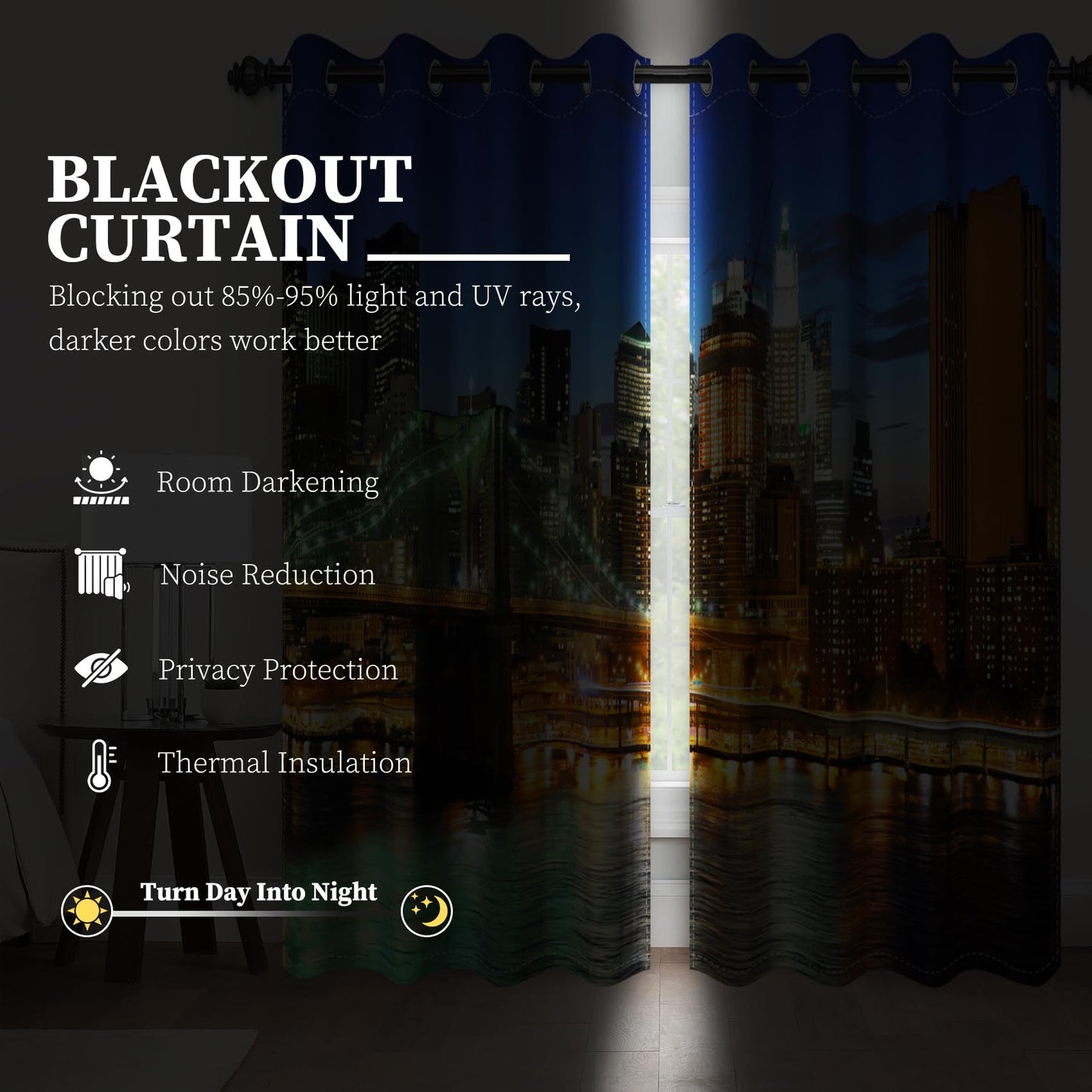 AOFOTO New York City Blackout Window Curtains, Brooklyn Bridge Night Scene Skyscraper Urban Light Long Bedroom Curtains Manhattan Skyline Decorative Grommet Top Window Panels 42x63 Inches, 2 Panels