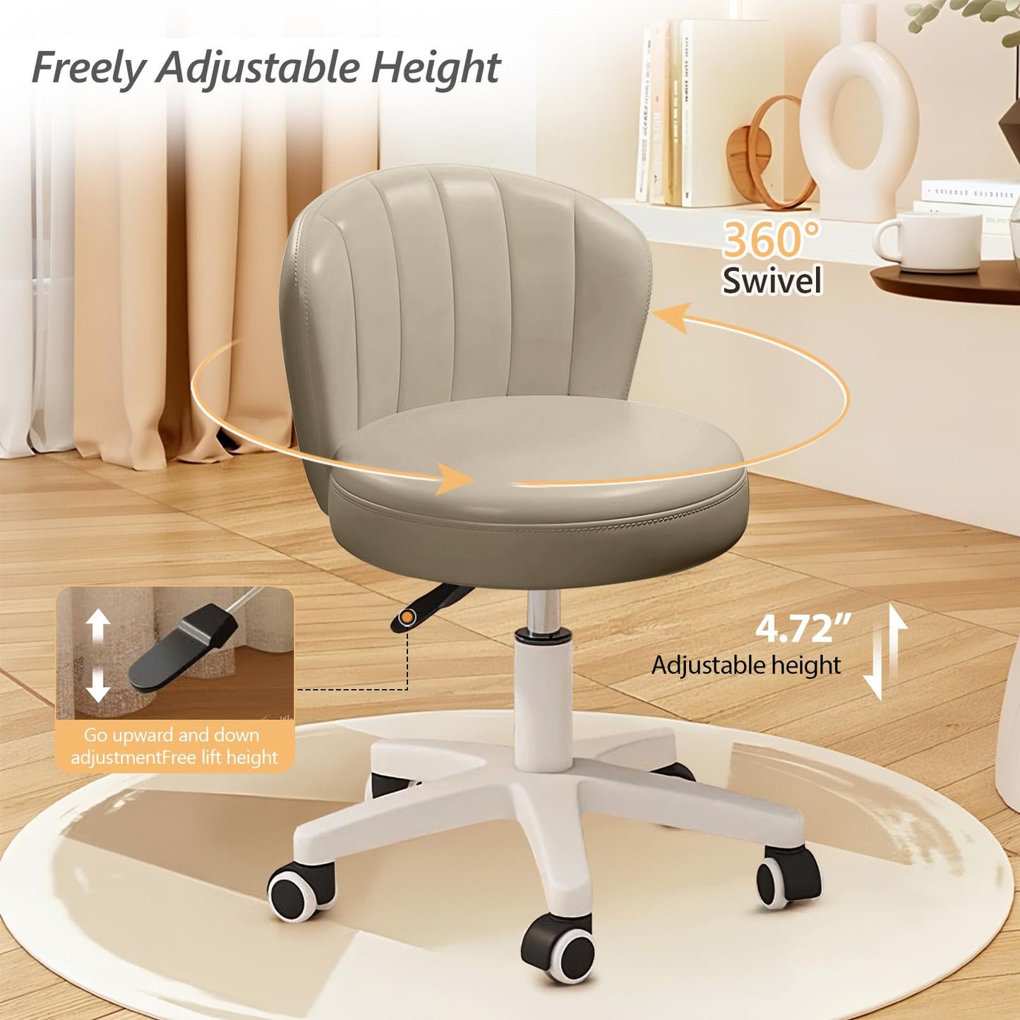 XUEGW Small Scallop Desk Chair with Back, Cute Armless Rolling Vanity Chair with PU Leather, Comfy Office Task Computer Chairs Height Adjustable for Bedroom