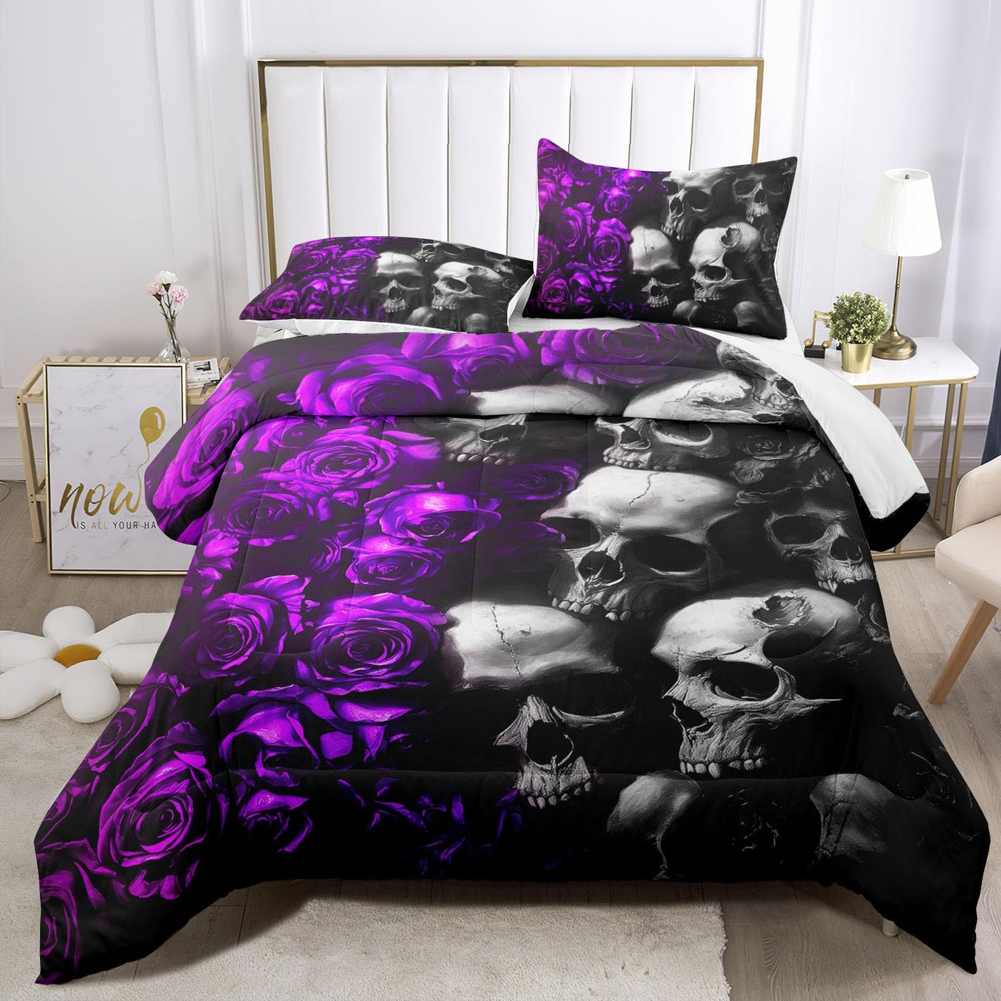Raphus Cucullatus Gothic Black & Rose Skull Bedding Set - Queen Size Quilt, Comforter & Skeleton Pattern