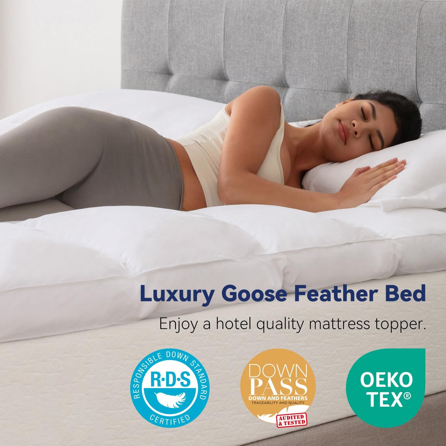 LeWinBedding 3 Inch White Goose Feather Mattress Topper,Queen Feather Bed Topper,Mattress Cover with Straps,Ultra Soft Pillowtop,100% Cotton Fabric(60”x80”)