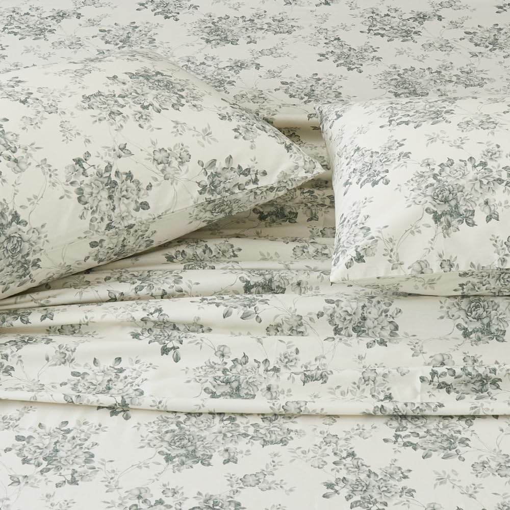 DAUAOTO 100% Cotton Bedding Printed Sheets Set for Queen Size Bed Up to 14" Deep Mattress, Toile Rose Floral Pattern Bedlinen Sets, Gray