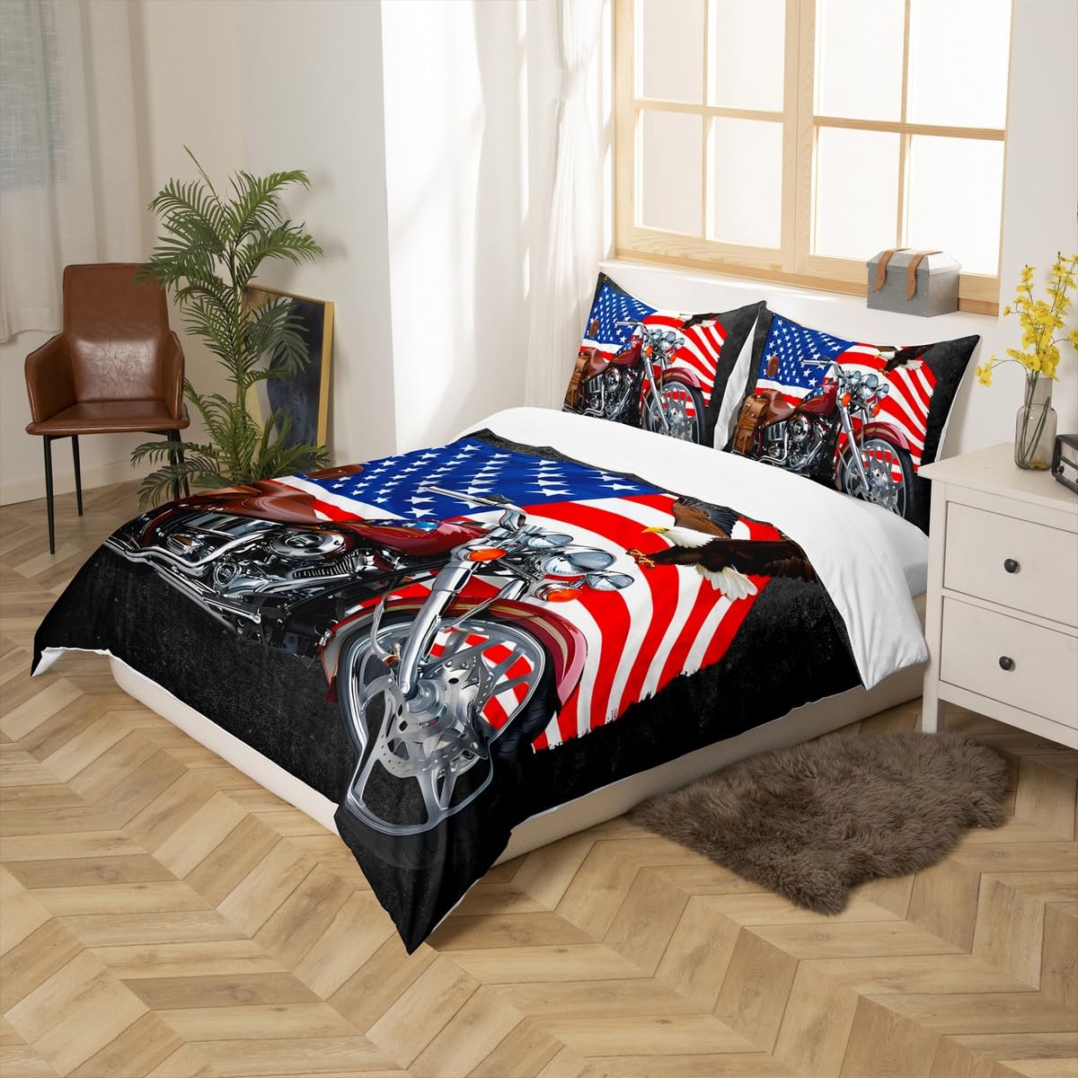 American Flag Duvet Cover Set King,Motorcycle Bedding Set 3pcs for Kids Teens Boys Girls Adult Room Decor,Eagle Animal Comforter Cover Brown Quilt Cover with 2 Pillowcases