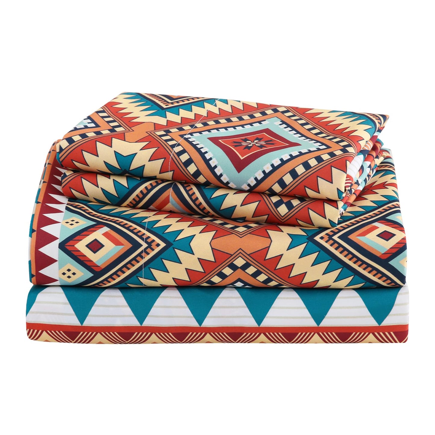 CozySmile 4 Pieces King Sheet Set Bohemian, Boho Sheets Soft Microfiber Deep Pocket, Western Sheets Geometric(King, Rust Turquoise Diamond)