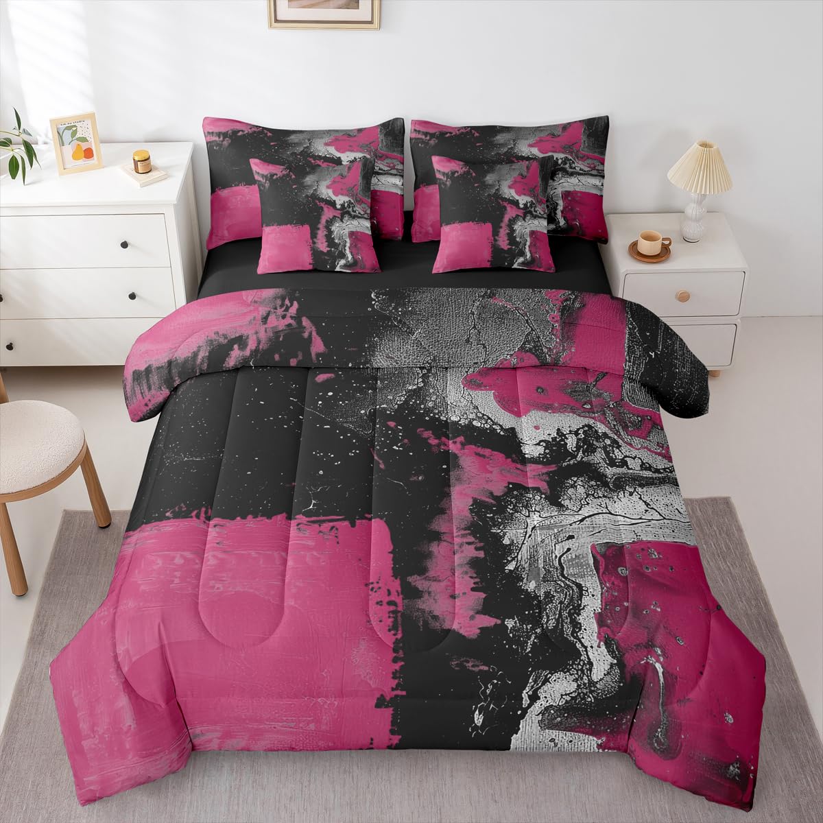 Feelyou Abstract Comforter Set King Size 7 Pieces Modern Abstract Art Bedding Set Luxury Bed in a Bag with Comforter, Sheets, Pillowcases, Cushion Covers Geometric Bedroom Decor Dark Rose Black