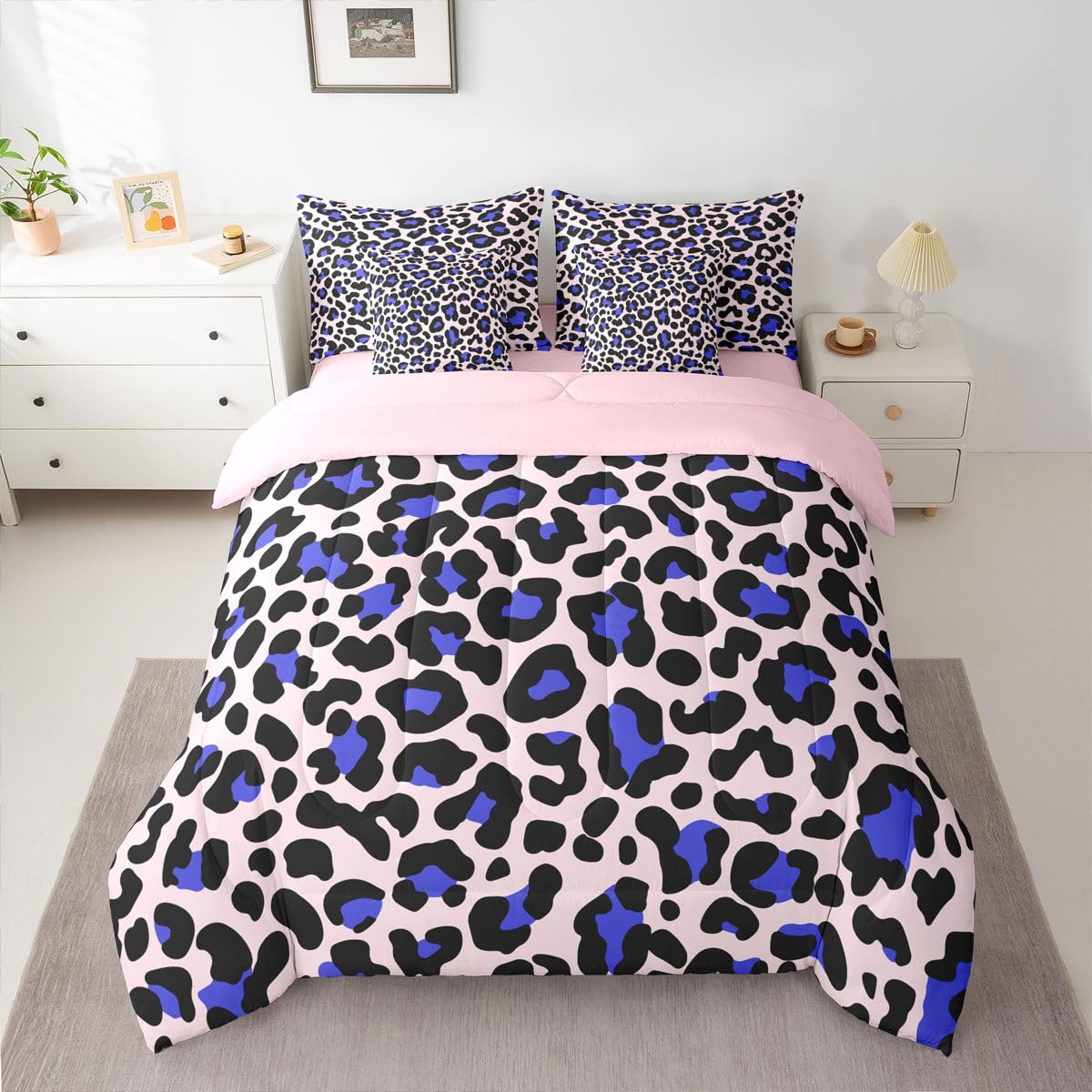 Erosebridal Cheetah Print Comforter Set King Size for Boys Pink Leopard Print Bedding Set 7 Piece Cat Panthera Animal Skin Bed in A Bag for Kids Teens Youth Women Room African Safari Wildlife Sheets