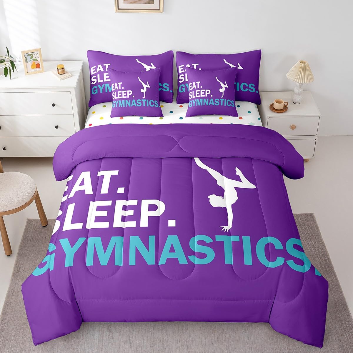 Feelyou Gymnastics Bedding Set Twin Girls Gymnastics Lovers Comforter Set 7 Piece for Kids Women Ultra Soft Sports Bedding Twin Comforter Set Girly Purple Bed in a Bag Room Decor Bed Set