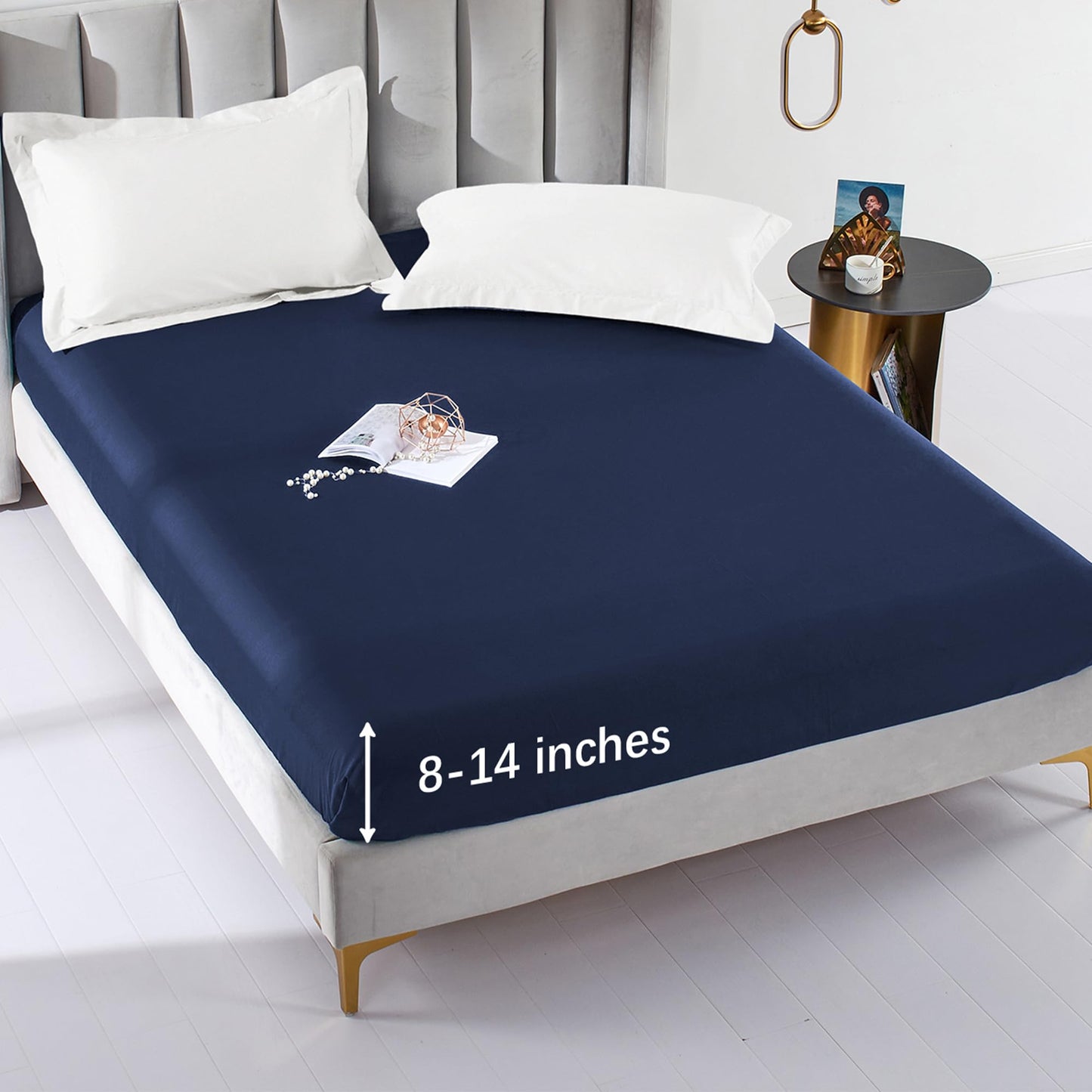 MILDLY Deep Pocket Fitted Sheet Only Queen Size 60"x80" 100% Long Staple Cotton Navy Blue Breathable Bottom Sheet Fits Up to 14" Deep Mattress