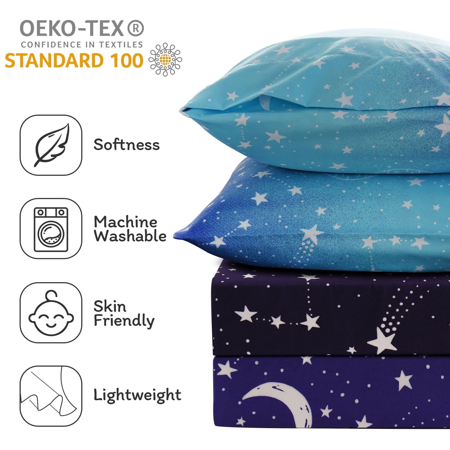 JSD Gradient Blue Moon Stars Kids Sheet Set Twin Size, 3 Piece Space Theme Microfiber Sheets Deep Pocket