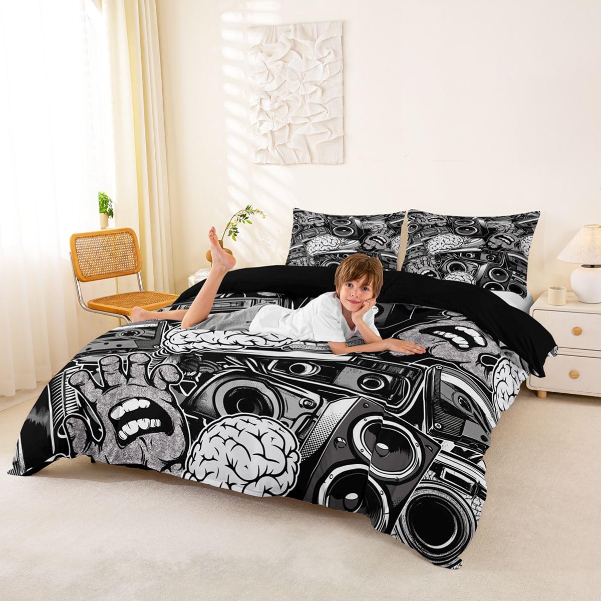 Feelyou Graffiti Bedding Set for Teens Boys King Rock Music Theme Duvet Cover Set Hip Hop Comforter Cover Set Kids Teenage Street Art Quilt Cover Hippie Room Decor Bedding with 2 Pillow Shams (3Pcs)