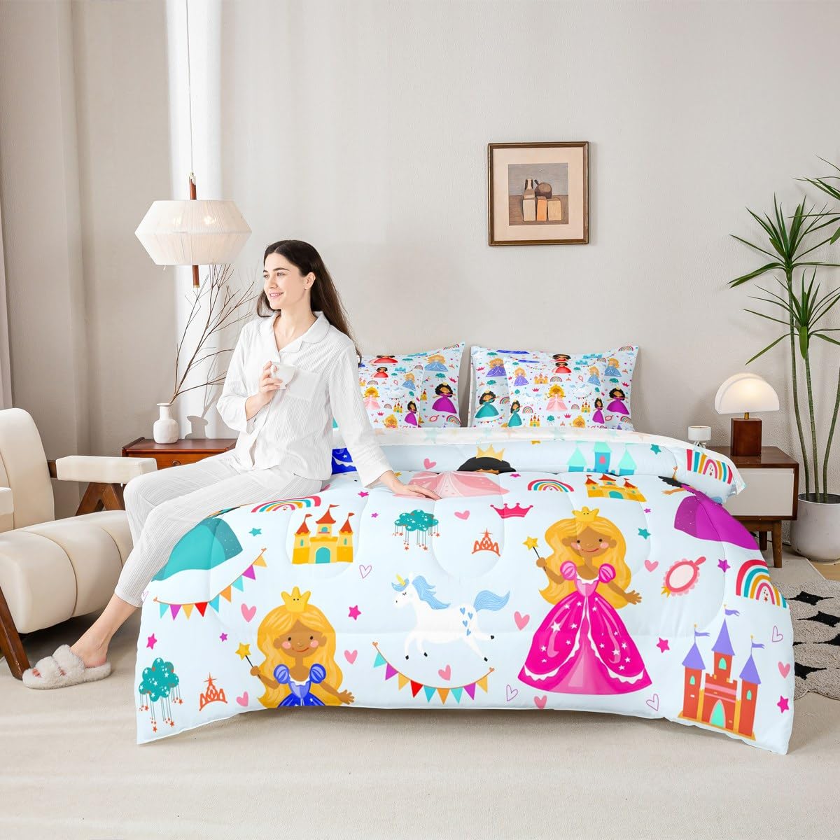 jejeloiu Cute Princess 7 Piece Bedding Set Twin Size Girly Loves Bed in a Bag for Boys Girls Bedroom Decor Pale Blue Clound Rainbow Comforter Set with Sheets,Pillowcases & Cushion Cover Castle Soft