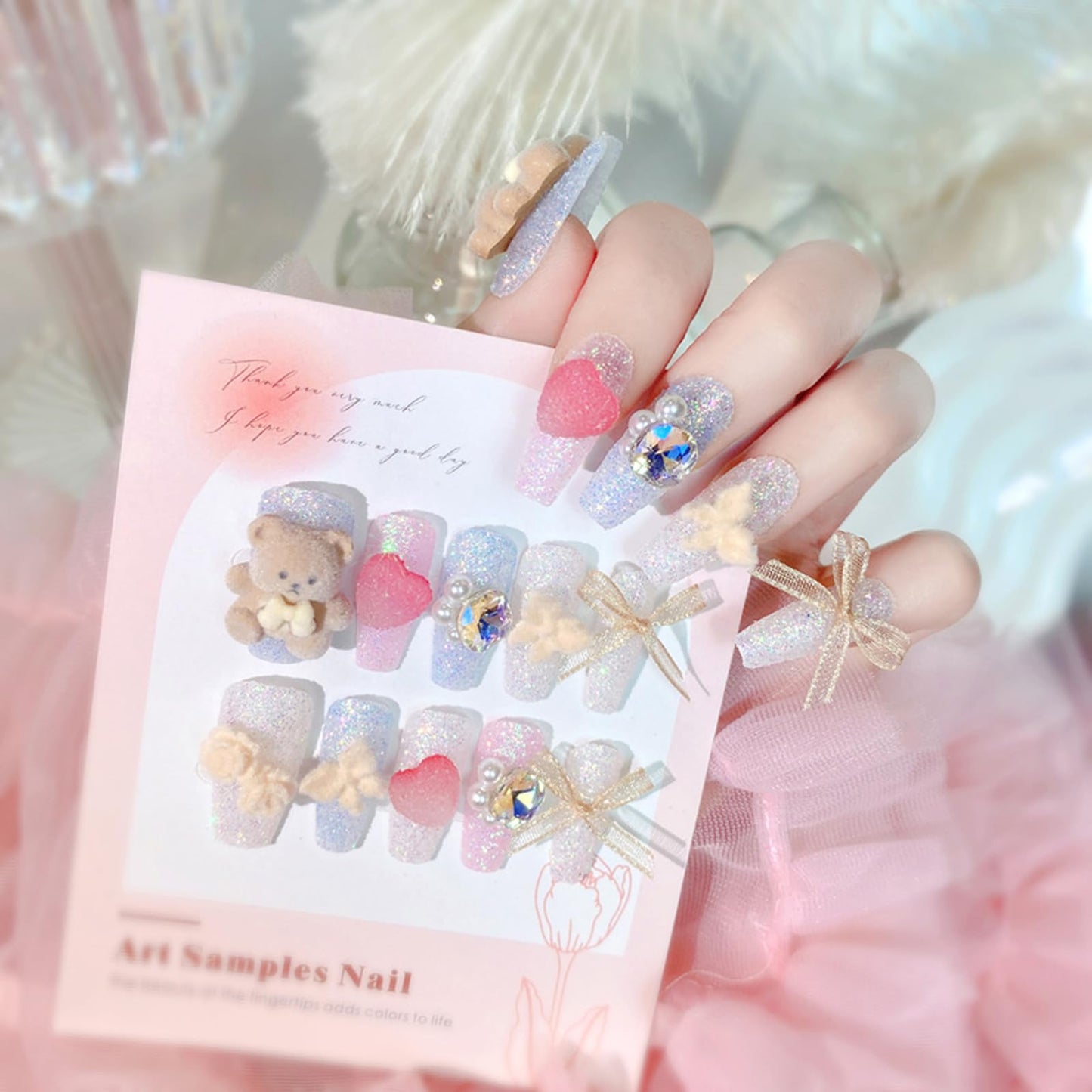 SINHOT Luxury Press on Nails - Long Coffin Fake Nails 3D Handmade Cute&Candy Reusable False Nails with Rhinestone Designs,DIY Artificial Nail Art, 24pcs