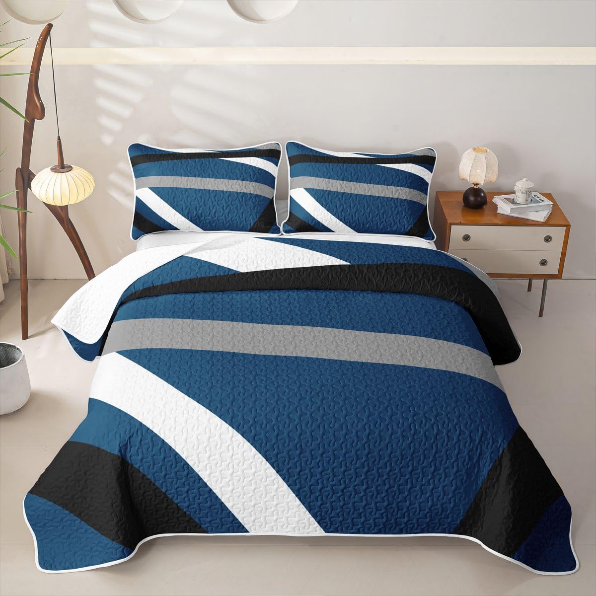 Erosebridal Blue Gray Black Striped Quilt Twin Modern Abstract Quilt Set Geometric Lines Coverlet Aesthetic Boho Quilted Bedspread with 1 Pillowcase