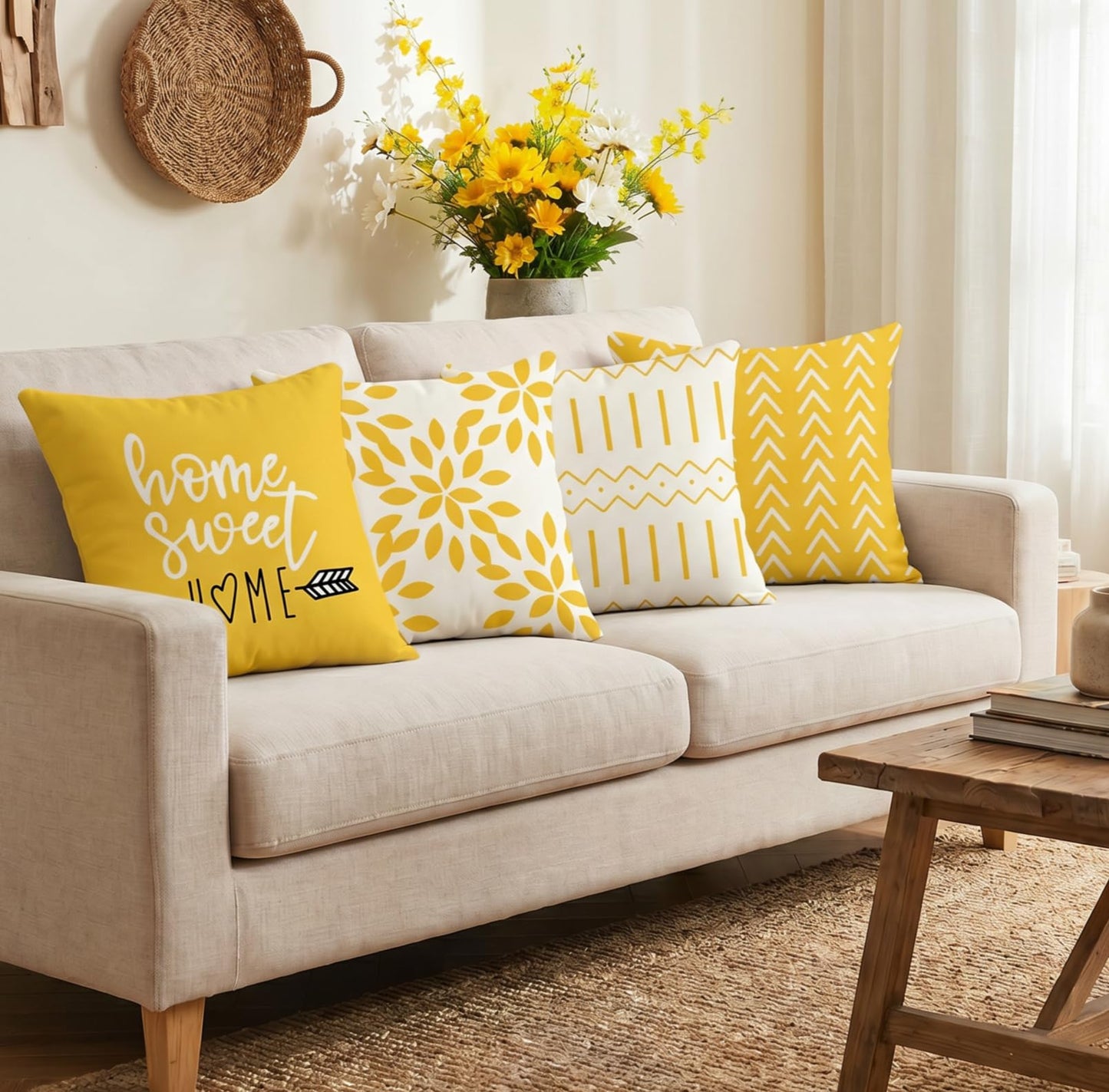 YCOLL Pillow Covers 18x18 Set of 4, Modern Sofa Throw Pillow Cover, Decorative Home Outdoor Linen Fabric Geometric Pillow Case for Couch Bed Car, Yellow