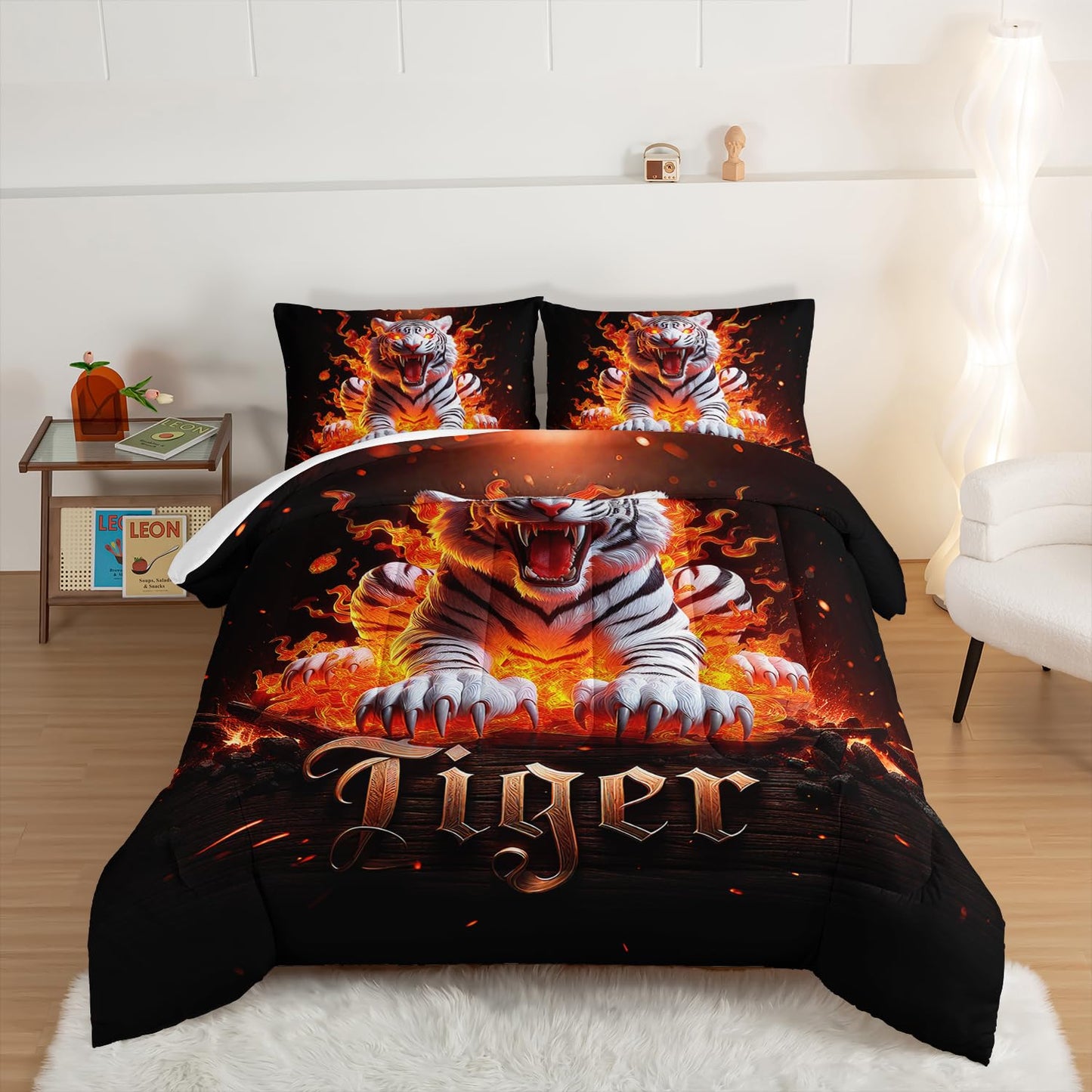 UEVBF Fierce White Tiger Comforter Set Queen Size,Wild Animal Themed Bedding Sets for Kids Adults Boys Room Decor,Tigers with Flame Bed in a Bag Queen with 2 Pillowcases.