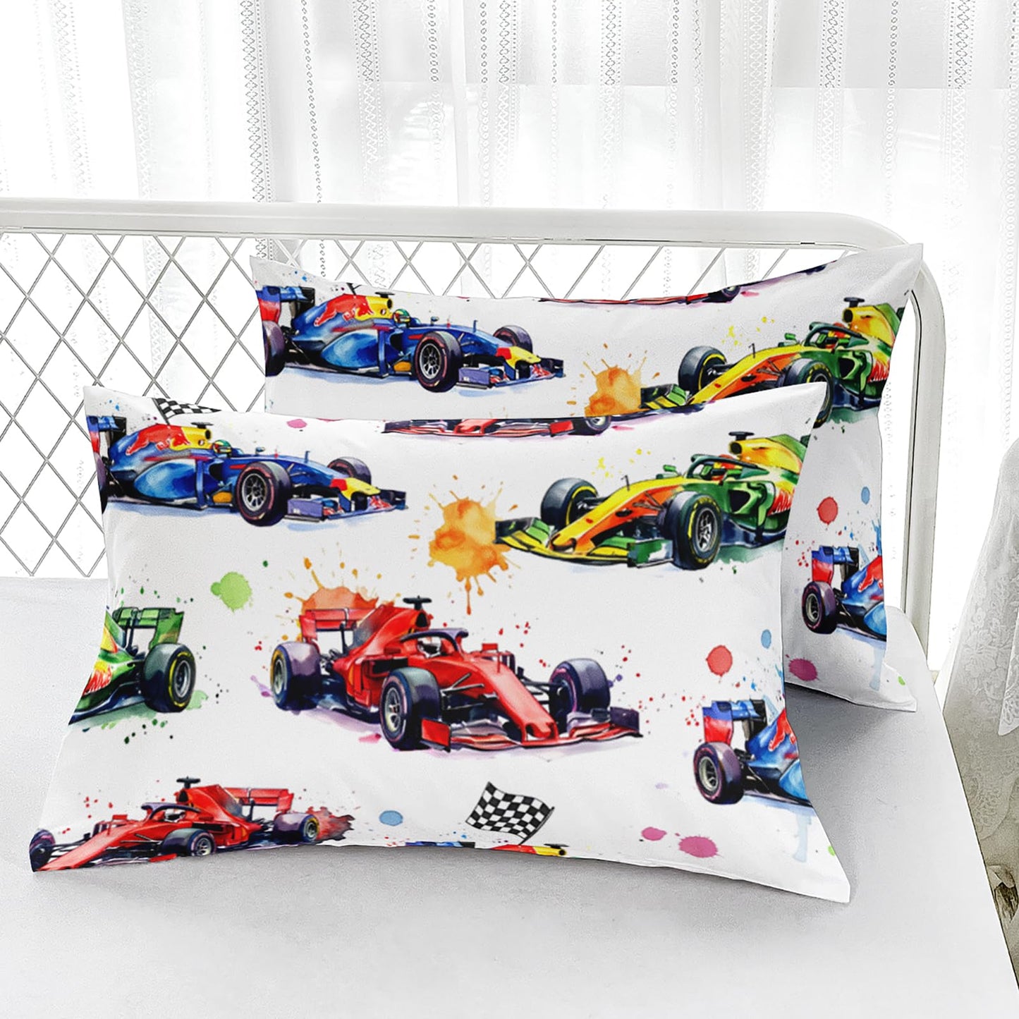 AILONEN Watercolor Race Car Twin Fitted Sheet Set 3 Piece,Artistic Sports Vehicle Bedding with 2 Pillowcases,Paint Splatter Linens for Boys Kids,16 Inch Deep Pocket Microfiber