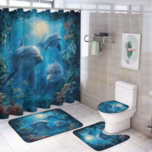 INSFBRB Rustic Realistic Dolphin Shower Curtain Set,Colorful Cute Ocean Underwater World Coral Dolphins Wildlife Fish 4 Pcs Bathroom Decor Accessories with 12 Hooks
