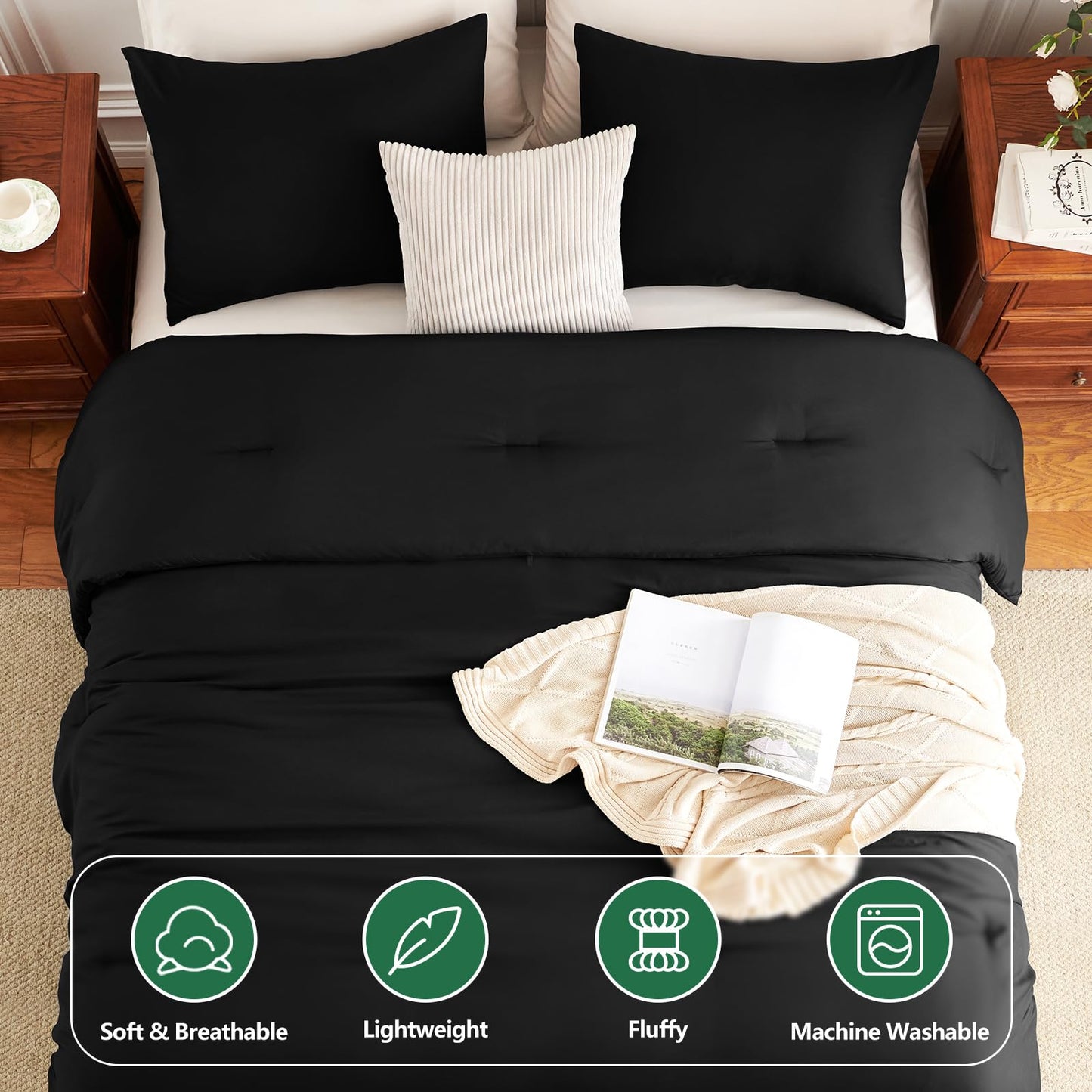 HIMEET King Comforter Set 3 Piece, 270GSM Down Alternative Fill, Oeko-TEX Certified, Quilted with 8 Corner Ties, All Season Bedroom Decor Bedding, 1 Comforter (104"x90") with 2 Pillowcases, Black