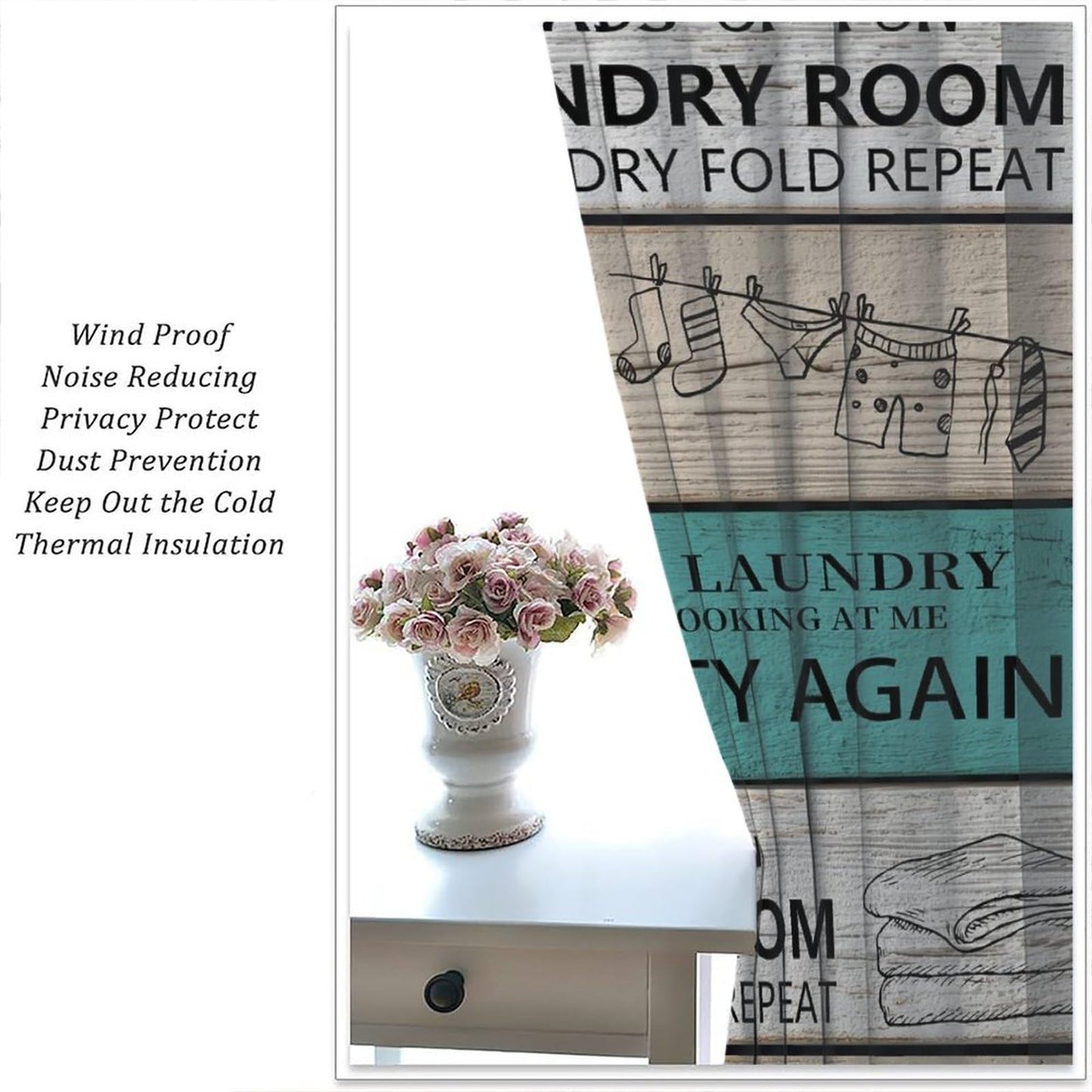 TYVGICZ Laundry Kitchen Curtain Rustic Wash Dry Words Wooden Teal Brown Funny Fun Small Short Window Treatment Tiers for Bedroom Living Room Bathroom Rod Pocket Drapes, 42x45 Inch