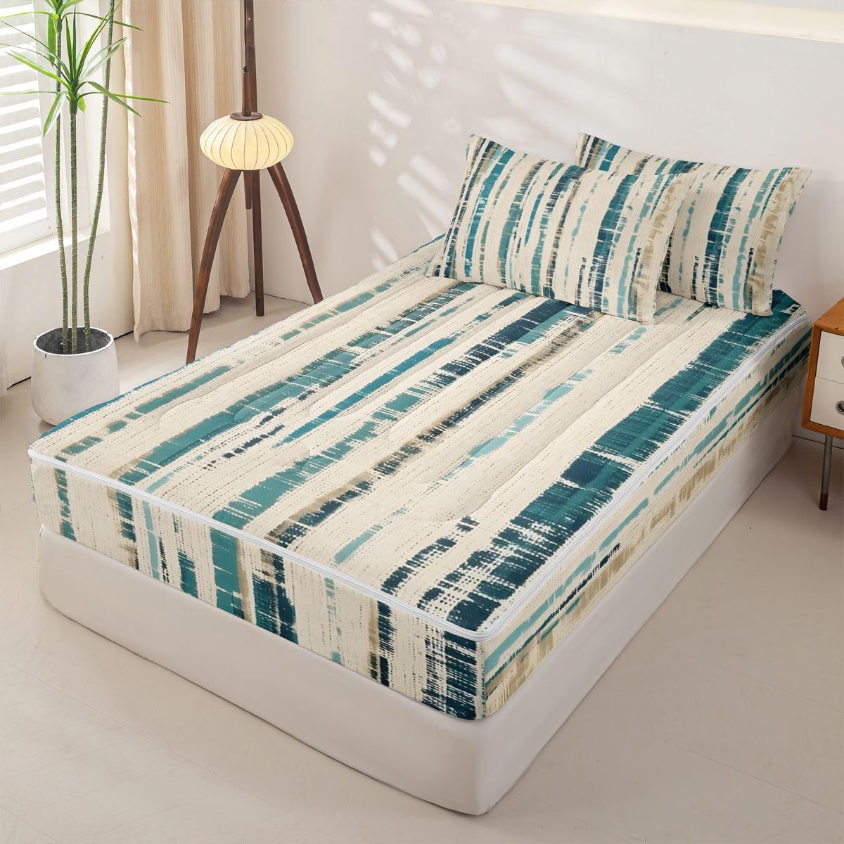Feelyou Textured Coastal Stripe Zipper Bedding Queen Abstract Teal Ombre Bedding Sets for Kids Boys Girls Modern Comforter Set with Fitted Sheet 2 Pillowcases One Zipper Bed Set for All Seasons