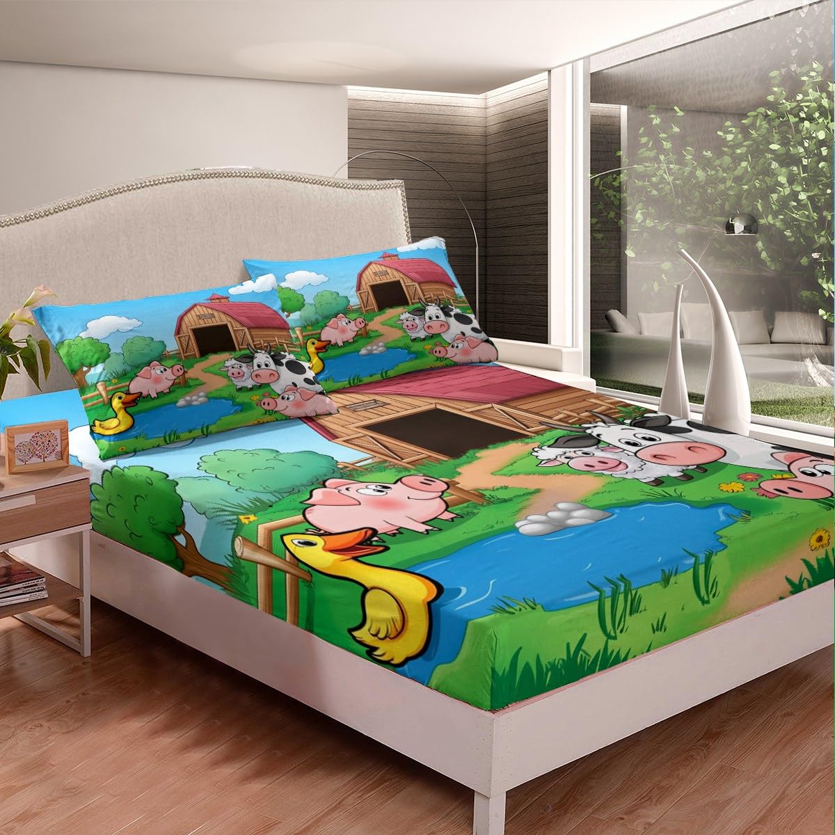 Erosebridal Cartoon Alpaca Sheet Set Cattle Cow Pig Fitted Sheet Full Size for Kids Girls Boys Children Happy Farm Animal Bedding Set Blue Sky Plant Bed Cover with 2 Pillow Cases(No Top Sheet)