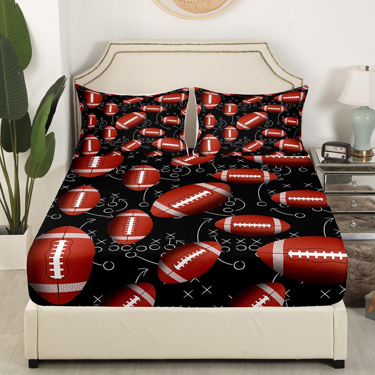 3D American Football Bed Sheet Set Twin Size,Chic Ball Sports Theme Sheets for Kids Boys,Rugby Game Bedding Set (1 Top Flat Sheet+1 Fitted Sheet+1 Pillowcase)