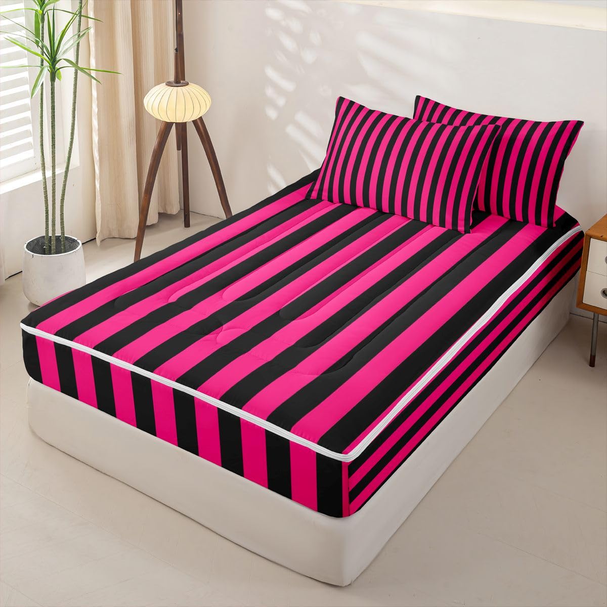 Feelyou Stripes Zipper Bedding Full Geometric Zipper Bedding Sets for Kids Boys Girls Modern Striped Art Comforter Set with Fitted Sheet and Pillowcases Luxury Bedroom Decor Red Black