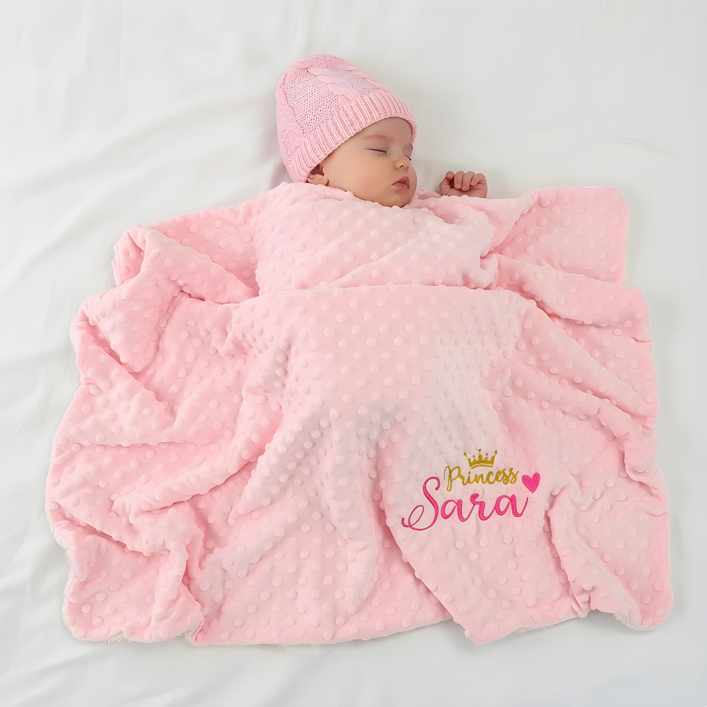 Personalized Baby Blankets for Girl, Custom Baby Blanket with Name, Embroidered Soft Minky Fleece Plush Sherpa Toddler Crib Stroller Blanket, Customized Newborn Birthday Gift Set, 27 * 35 Inch-Pink