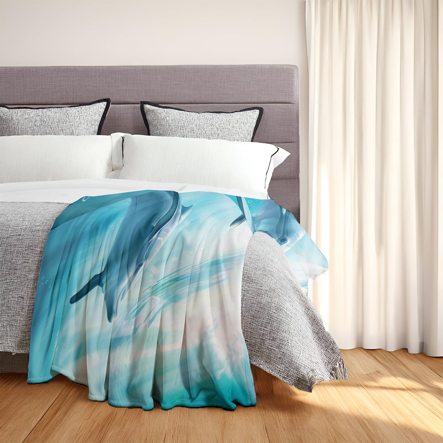 MIEPOS Joyful Dolphin Blanket - Soft, Cozy & Lightweight Flannel Throw - Warm, Plush Decor for Couch, Travel - Fluffy, Fuzzy Undersea Design, Perfect for Marine-Themed Rooms 50×60 Inch