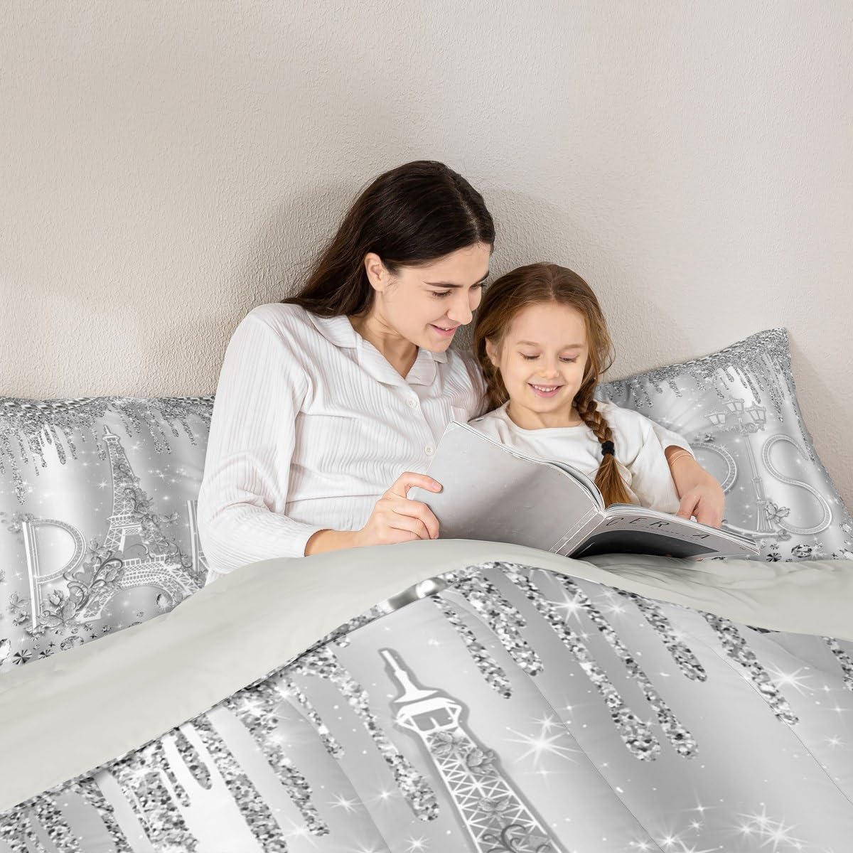 Paris Comforter Set Queen Size Sliver Glitter Diamond Bedding Set 3pcs for Kids Girls Boys Women Room Decor,Romantic Eiffel Tower Quilted Duvet Luxury Pearls and Jewels Duvet Insert,2 Pillowcases