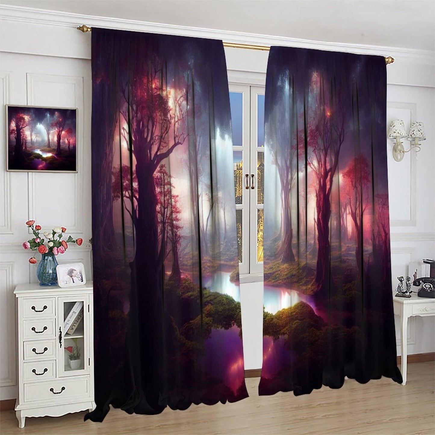 BenYaSong Forest Moon Blackout Window Curtain Vast Fantasy Landscape Feywild Trees and Surreal Glowing Art for Home Kitchen Restaurant Decoration Window Curtain 2Panel 42" W X 45" L