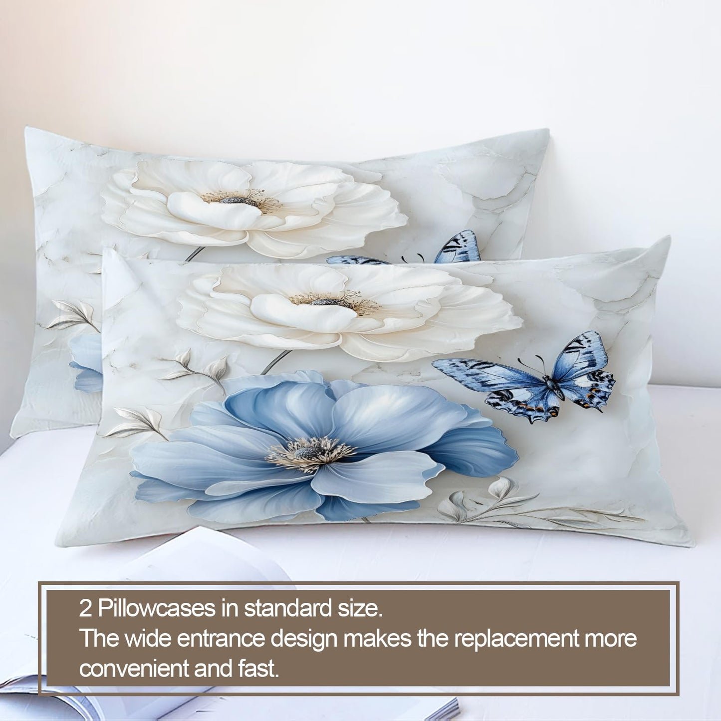 QINYUN 3D Butterfly Duvet Cover King Size, Modern Blue Floral Bedding Set 3 Piece Bedroom Decor Elegant Flowers Comforter Cover with Zipper Ties & 2 Pillowcases