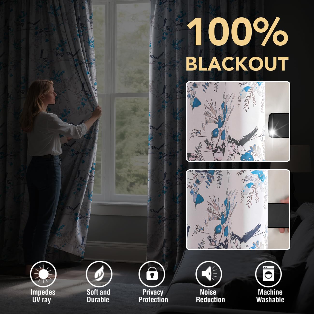 H.VERSAILTEX Floral 100% Blackout Curtains 84 inch Length 2 Panels Vintage Curtains Thermal Insulated Room Darkening Patterned Curtain Drapes for Bedroom Living Room with Grommet, Blue/Black