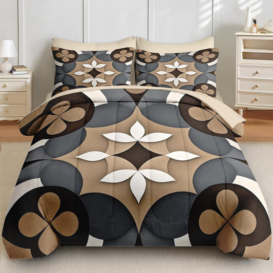 Boewywh Comforter Set Twin Size Geometric Floral Abstract 7 Pcs, Bedding for Kids and Adults, Neutral Brown Bed Sheet Sets with Fitted Sheet 2 Pillowcases & 2 Shams for Bedroom Bed Decor