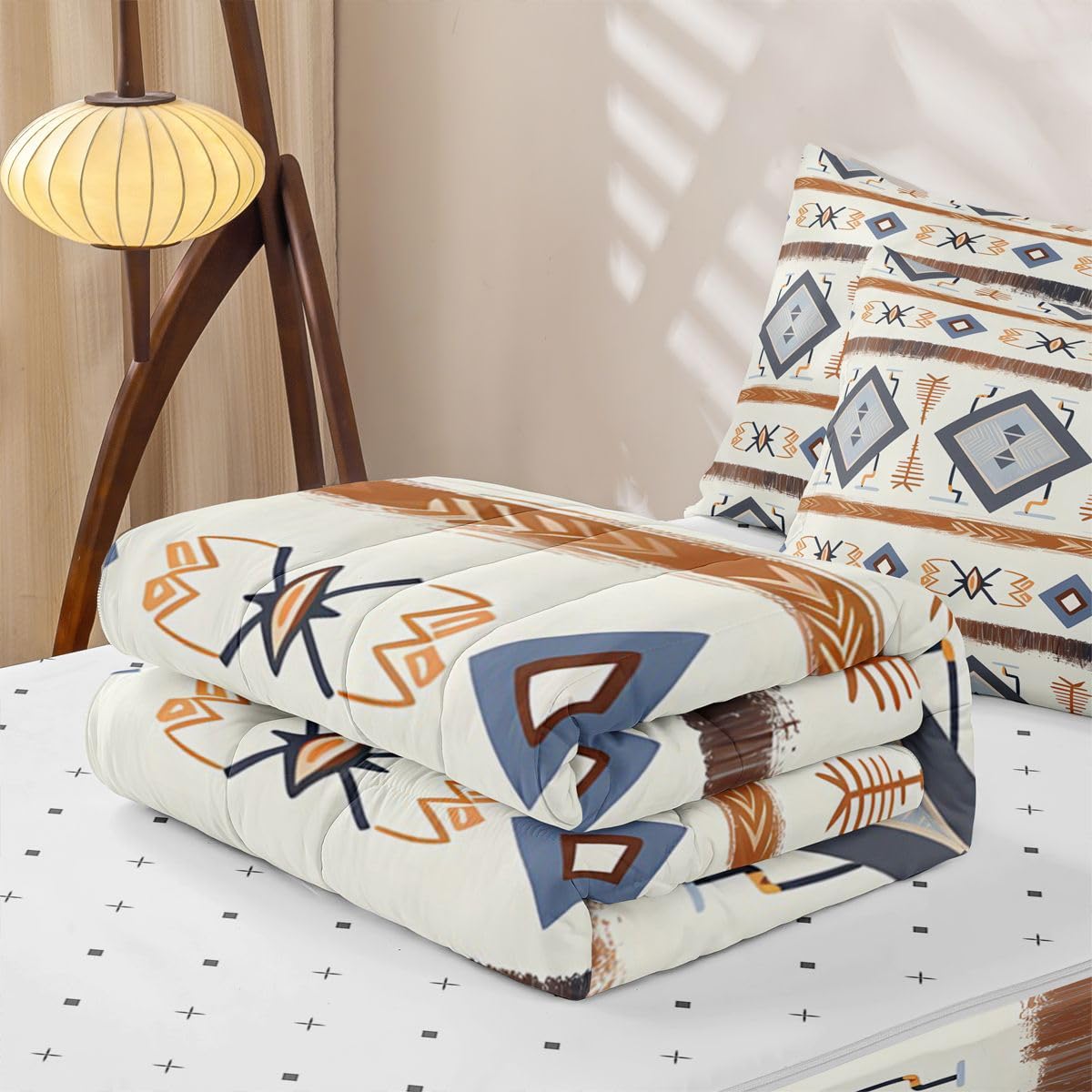 Geometric Aztec Zipper Bedding Queen Western Boho Zip Up Bedding Set for Boys, Ethnic Tribal Arrow Diamond Bed in a Bag Navajo Style Southwestern Decor Comforter with Fitted Sheet and 2 Pillowcases