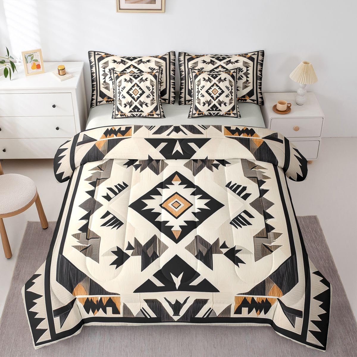Erosebridal Geometric 7 Piece Bedding Set Queen Aztec Comforter Set with Sheets Rhombus Triangle Simple Western Bed in a Bag Southwestern Tribal Farmhouse for Teens Men Women