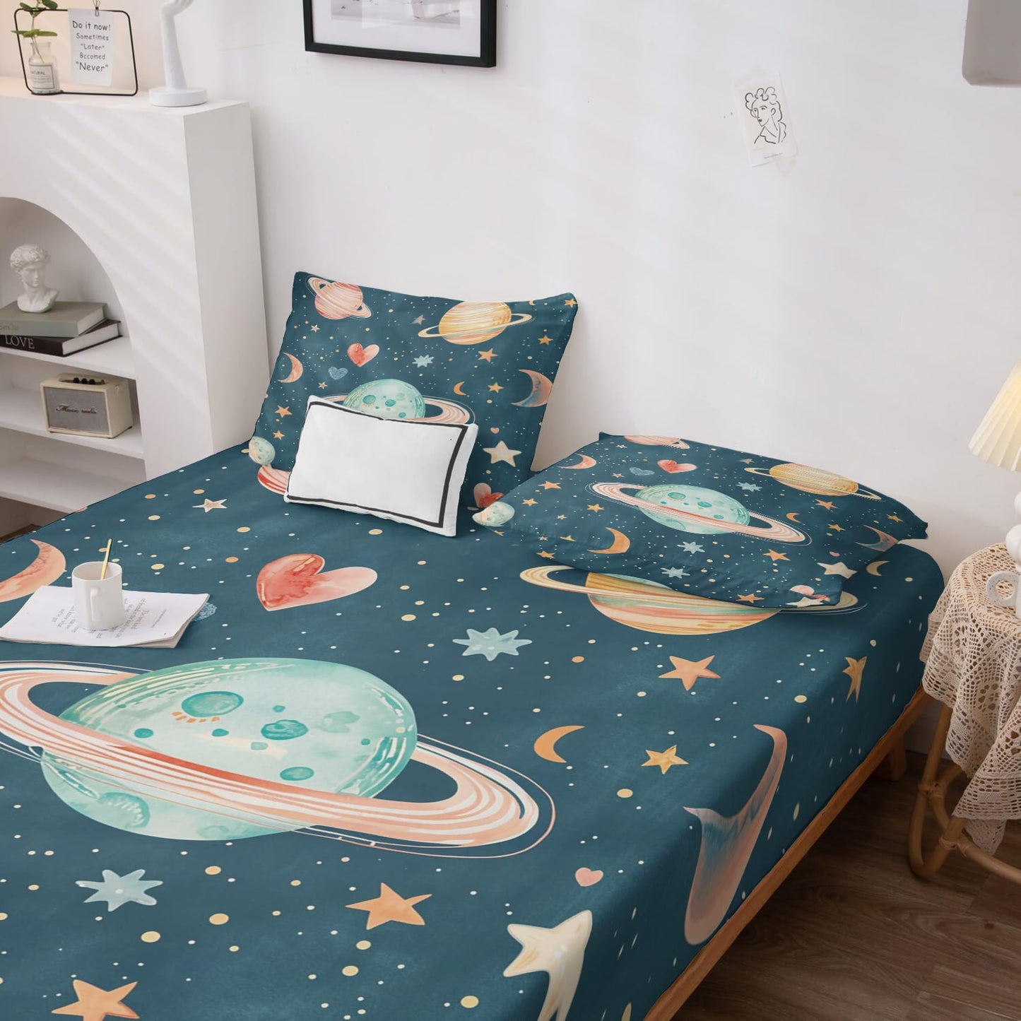 Rejkxyw King Size Sheets Set Cartoon Planet - Star Moon Outer Space Bed Sheets - Boys Girls Sheet Set - 12 Inch Deep Pocket - Ultra Soft Winkle Free Microfiber Bedding Sheets & Pillowcases 4 Piece