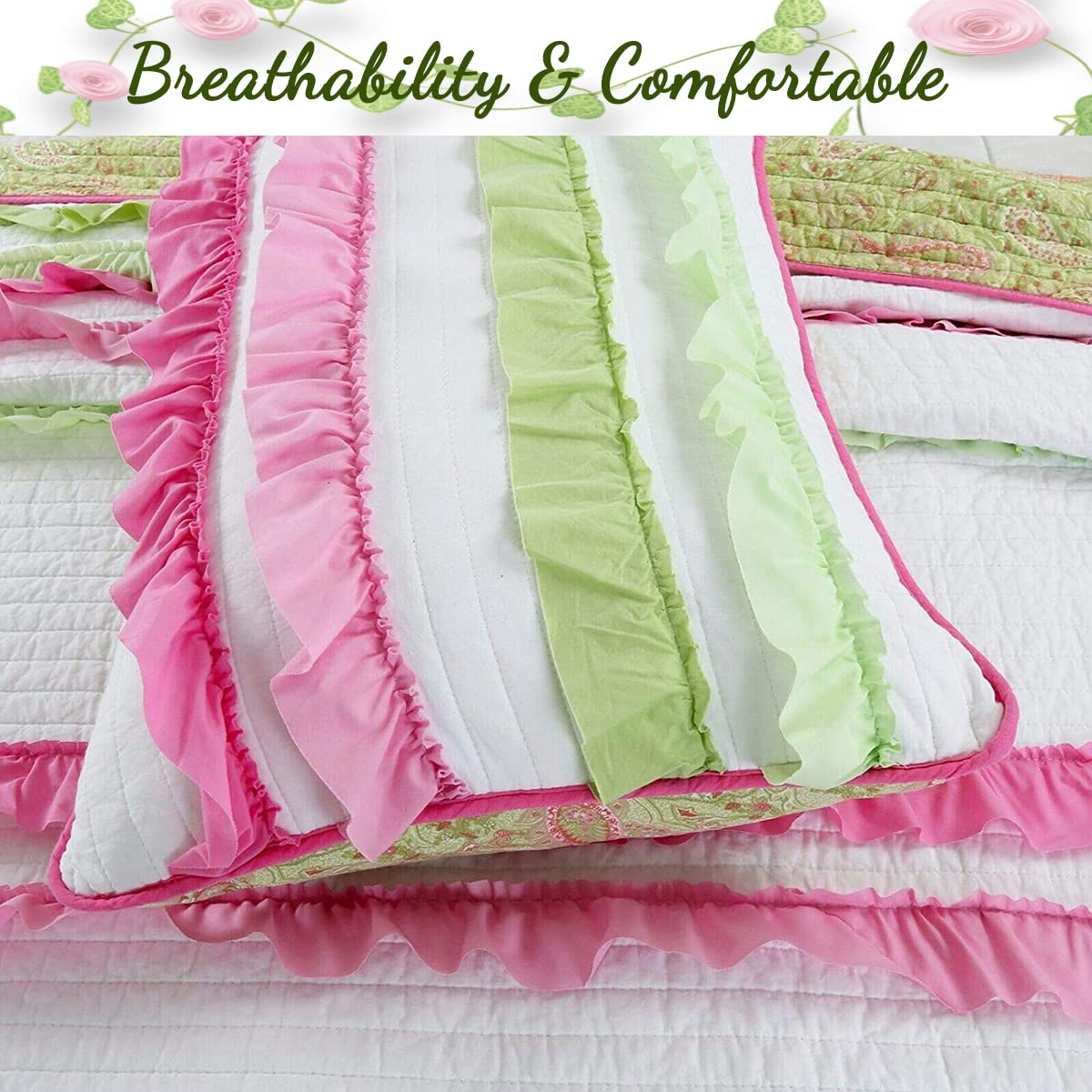 Cozy Line Home Fashions Pink Green Chic Ruffles Girl 100% Cotton Reversible Quilt Bedding Set, Coverlet, Bedspreads (Twin - 2 Piece: 1 Quilt + 1 Sham)