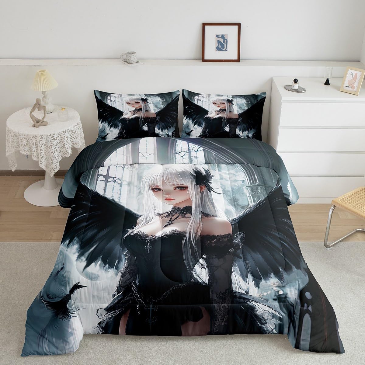 Erosebridal Anime Girl Bedding Set Twin Size, Kawaii Japanese Anime Comforter for Kids Boys Teens Adult, Cartoon Girl Quilt Japan Animation Bedroom Decor, Machine Washable, Black White