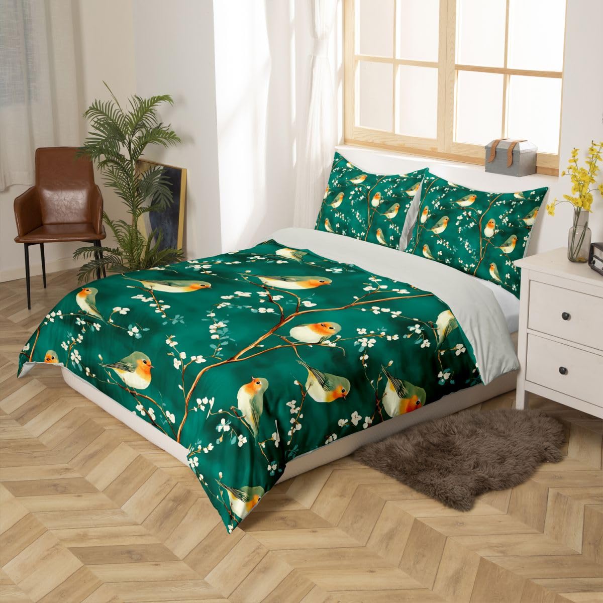 Erosebridal Bird Duvet Cover Twin Branches Comforter Cover for Kids Teens Leaves Floral Bedding Set Wildlife Animals Botanical Bed Set