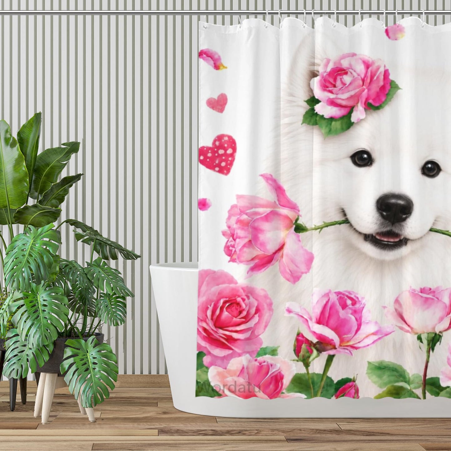 Wordatu Spring Summer Samoyed Rose Shower Curtain, Bathroom Decor Fabric Polyester Waterproof 12 Hooks 72Wx72H Inch for Bathtub and Bathroom