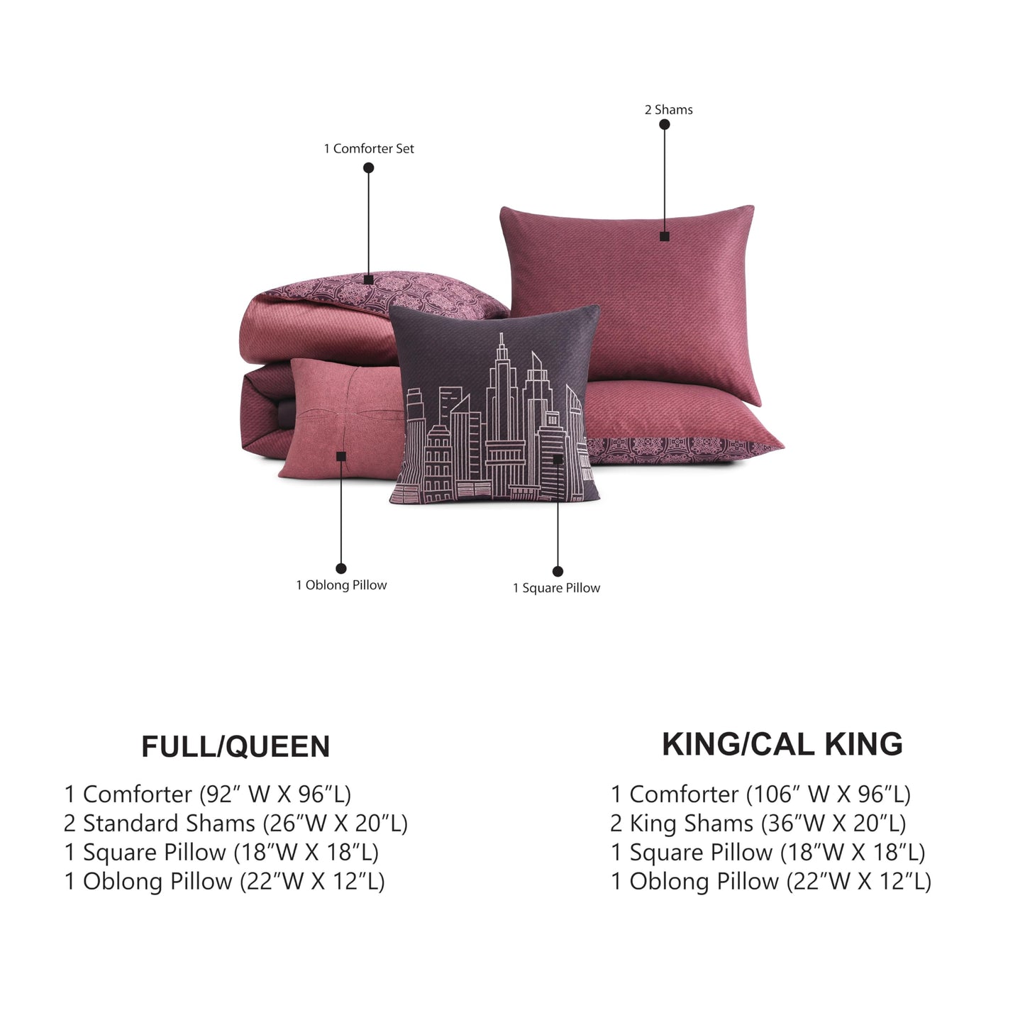 Bebejan Mauve Dreams 5 Piece Comforter Set, 100% Cotton Sateen, 220 Thread Count, Textured Reversible Bedding Comforter Set, 1 Comforter, 2 Shams & 2 Pillows (King/Cal King)