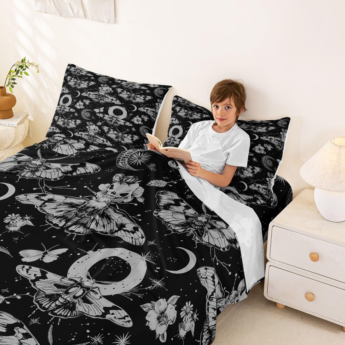 Feelyou Death Moth Bed Sheets Set Full Size Halloween Themed Bed Set for Kids Boys Girls Boho Moth Deep Pocket Fitted Sheet Gothic Breathable Soft Lightweight Microfiber Black and Gold