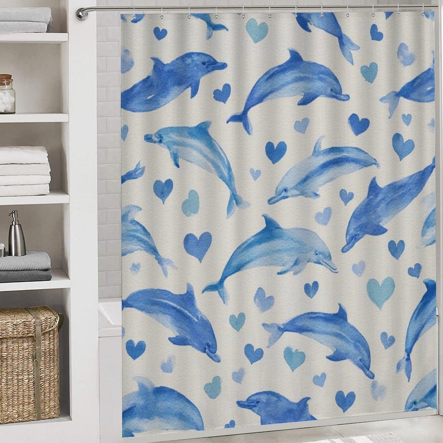 INSFBRB Funny Watercolor Dolphin Shower Curtain Sets with Rug,Toilet Lid Cover and Bath Mat,Modern Cute Ocean Wildlife Dolphin Love Heart Pattern 4 Piece Bathroom Set