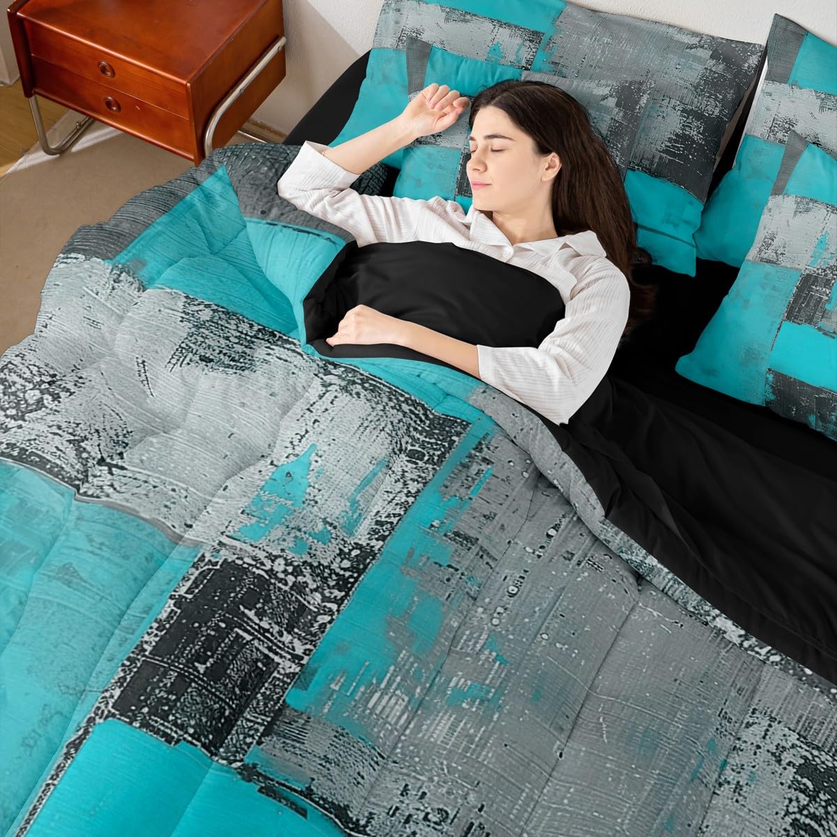 Feelyou Abstract Comforter Set with Sheets 7 Piece King Size Modern Abstract Art Bed in a Bag Kids Boys Girls Luxury Bedding Set Geometric Bedroom Decor Blue Gray Soft Lightweight Microfiber
