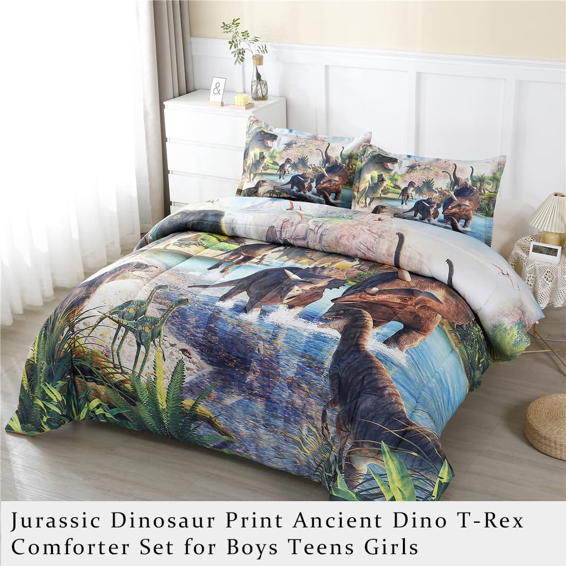 WINLIFE Dinosaur Twin Comforter Set Kids Bedding T-Rex 3D Jurassic Dinosaur Comforter Set for Boys Teen, Soft Lightweight Children Bed Sets (3 Pieces, Twin)