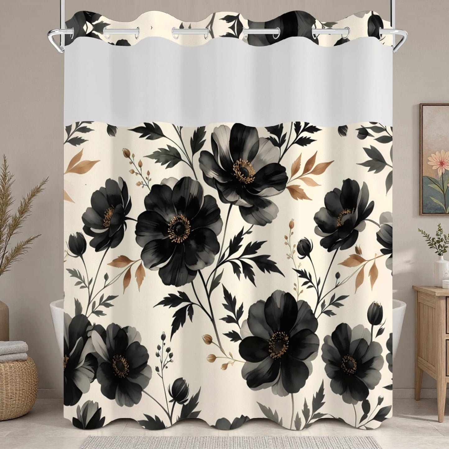 Xiazhilaio Black Floral Shower Curtain with Snap in Liner, 71x74 Inch