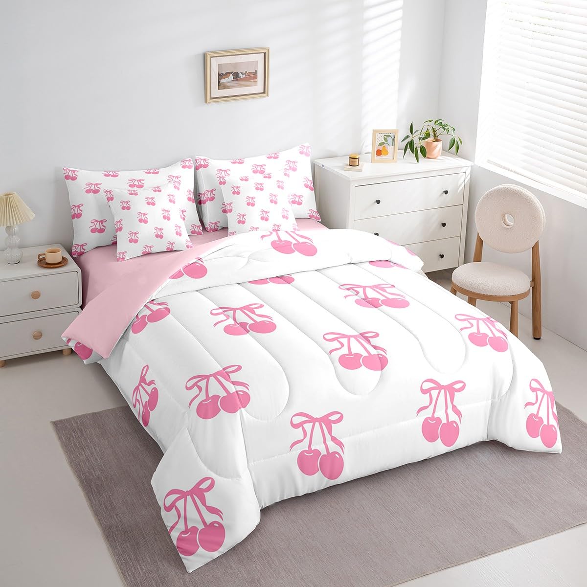 Erosebridal 7 Piece Pink Bowknot Kids Comforter Set King Bed in a Bag,Dreamy Princess Style Bedding Set for Girls Women Girlfriend,Girly Cherry Bows Sheet Set,Cartoon Bow Tie Duvet Insert