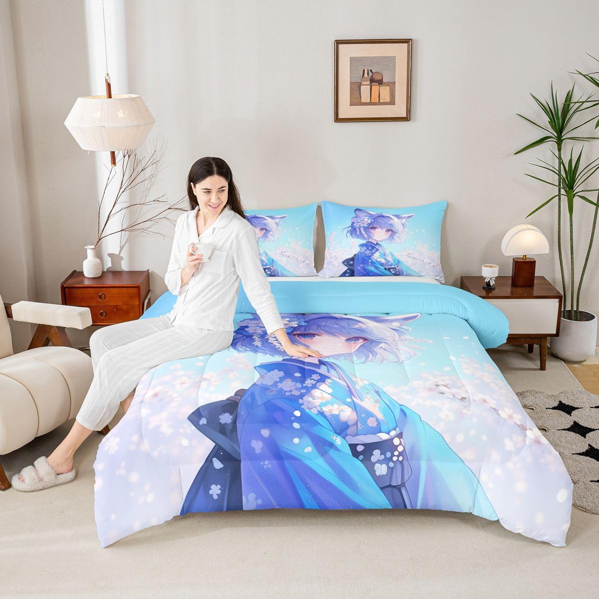 Erosebridal Kawaii Japanese Girl Comforter Set Twin, Anime Gifts Bedding in Kimono Japanese Style Bedding Sets for Room Aesthetic Cool Anime Modern Art Duvet Set for Guys Bedroom Kawaii Room Decor